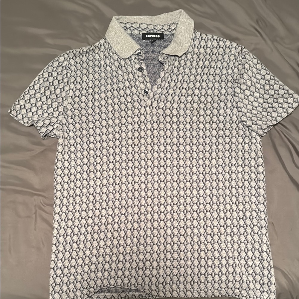 Express Men's Gray Patterned Polo Shirt